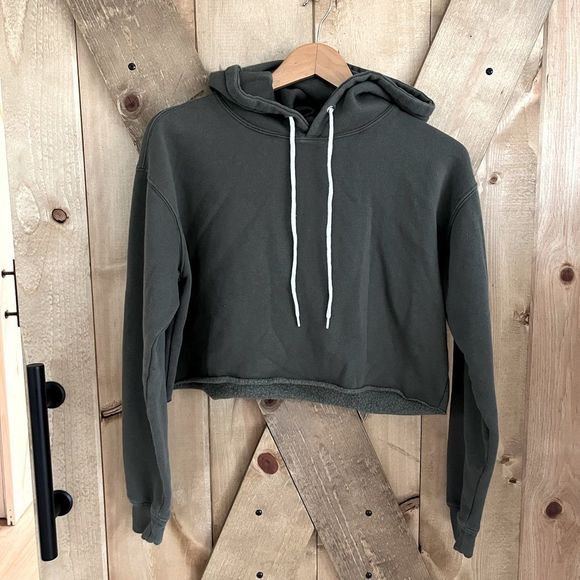 Army Green Cropped Sweatshirt Hoodie Womans Small - Picture 1 of 5